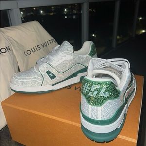 Louis Vuitton Green and White Sneakers rhinestone